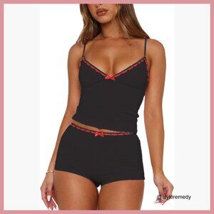 Polyester Blend 2 Piece Pajama Set Spaghetti Strap Crop Cami and Shorts